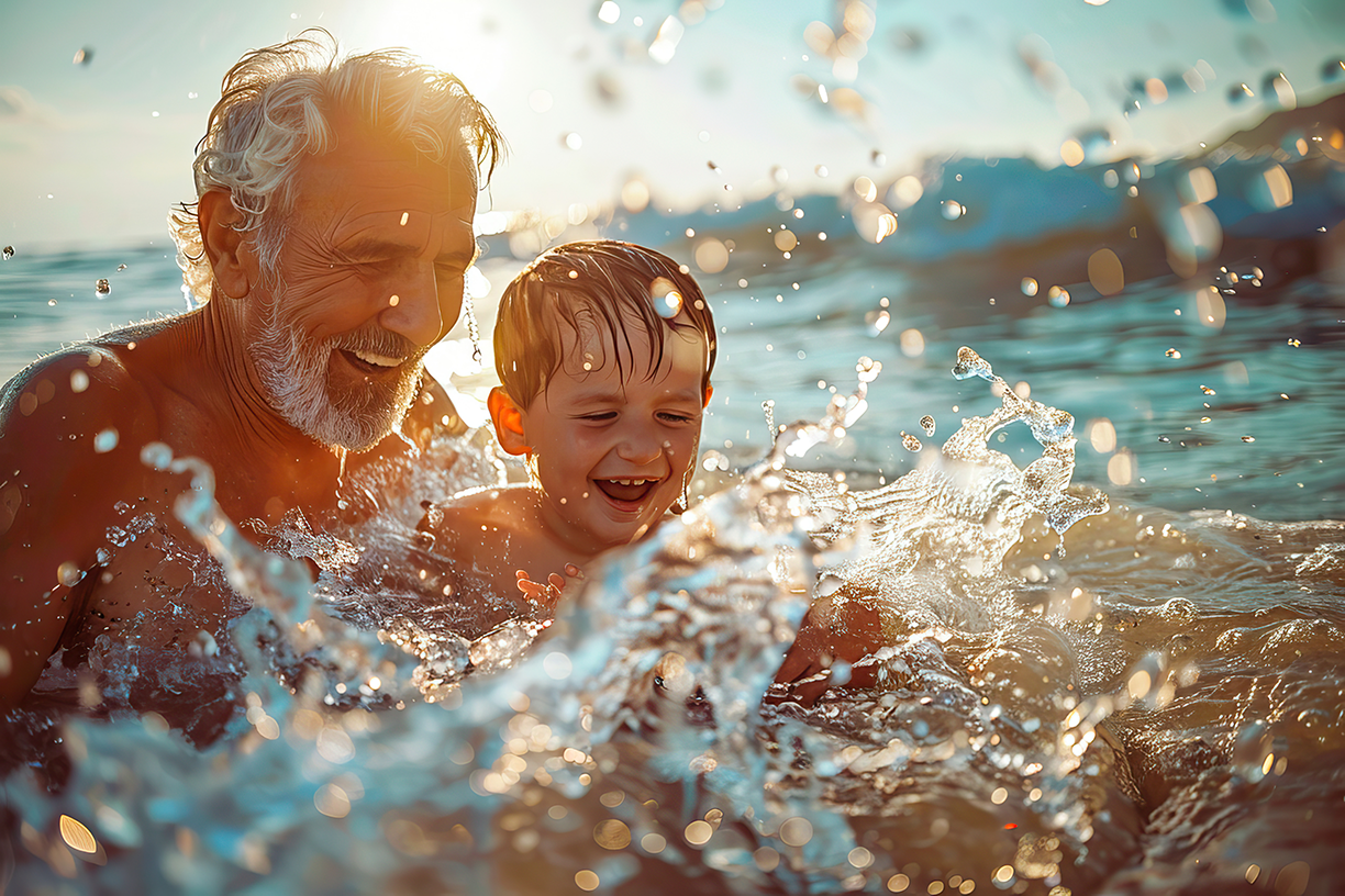 Granddad and grandson splashing in the water